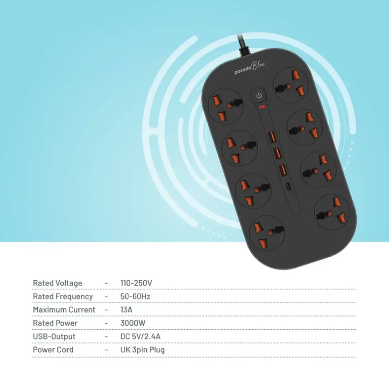 Porodo Blue 8 AC Power Strip - UK 3-Pin Plug / USB-C / USB-A / Black