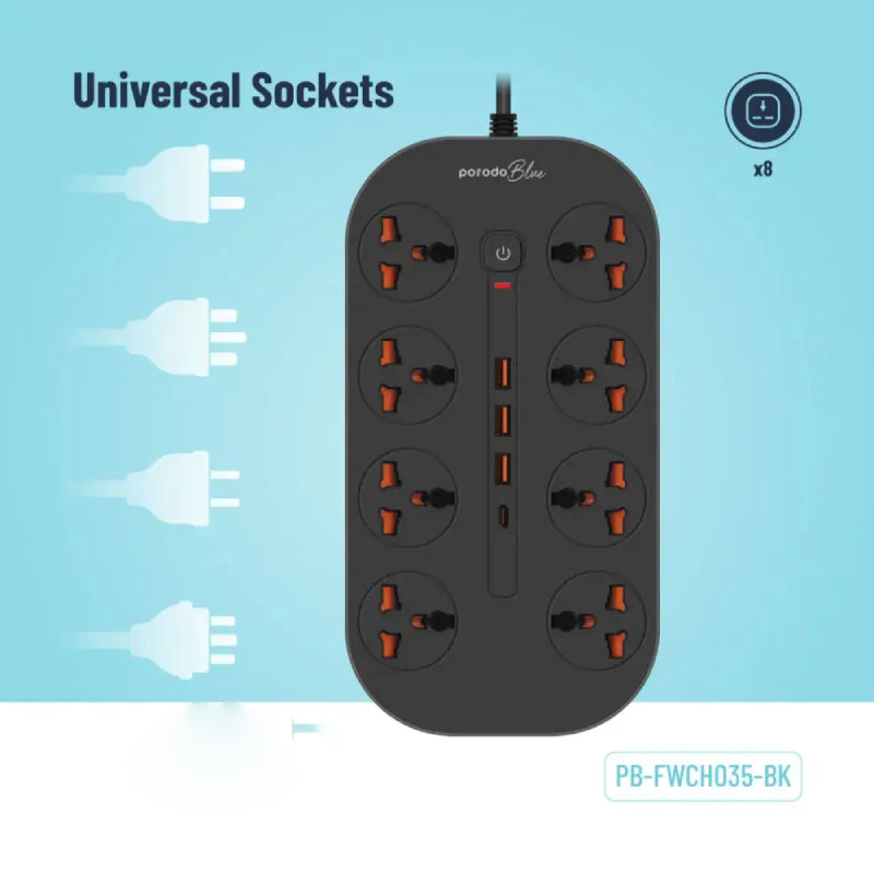 Porodo Blue 8 AC Power Strip - UK 3-Pin Plug / USB-C / USB-A / Black
