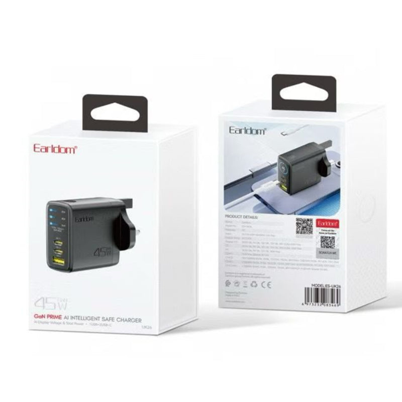 Earldom GaN Prime Safe Charger - 45W / USB-C / USB-A / Black