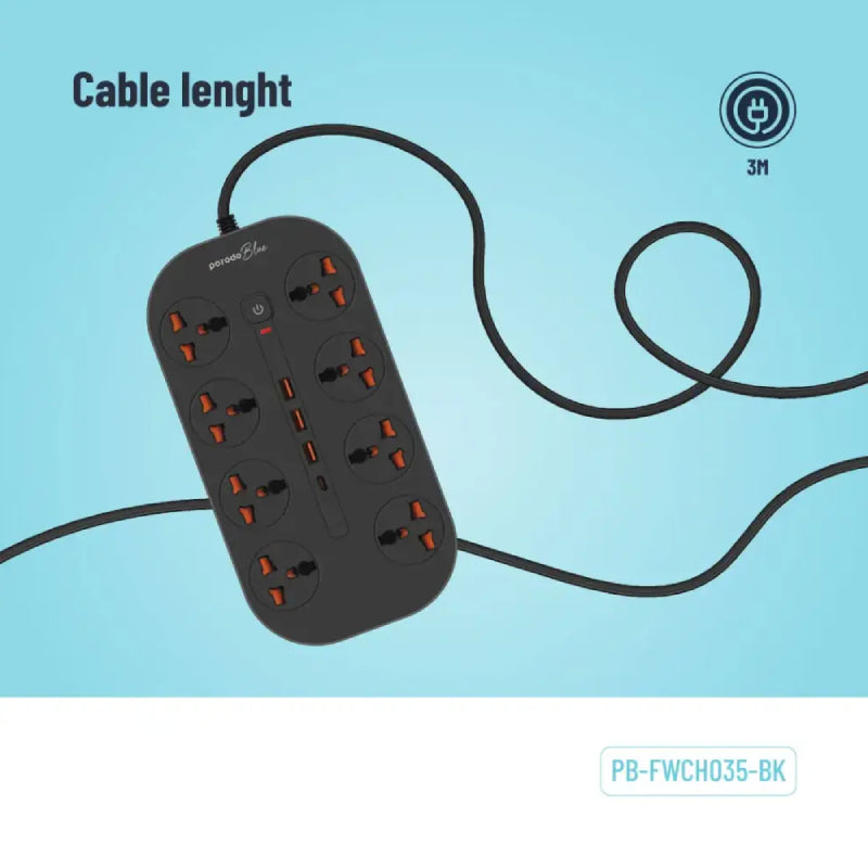 Porodo Blue 8 AC Power Strip - UK 3-Pin Plug / USB-C / USB-A / Black