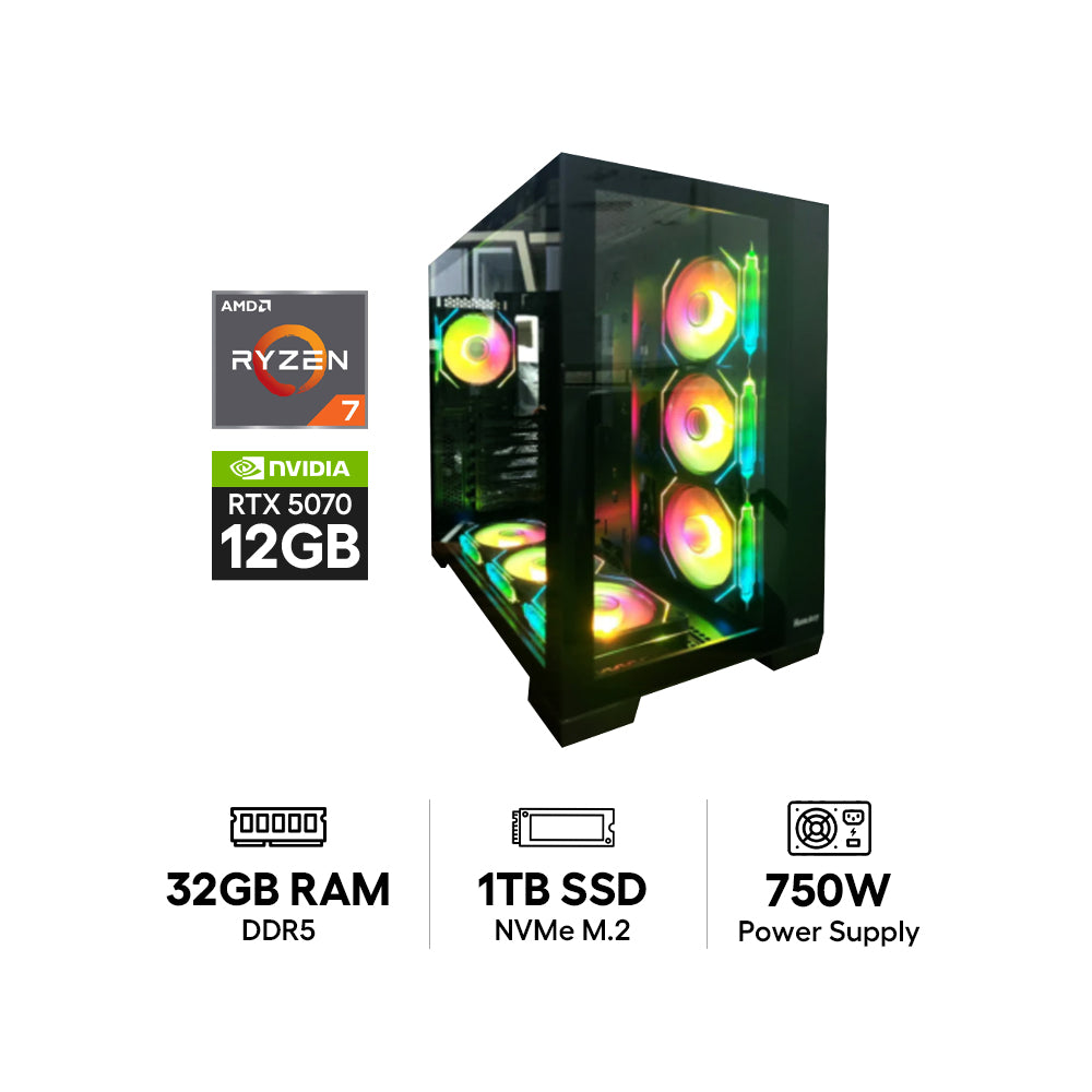 GPro Gaming PC - AMD Ryzen 7-9800X3D / B850-S WiFi Motherboard / 32GB DDR5 RAM / 1TB (NVMe M.2 SSD) / NVIDIA GeForce RTX 5070 12GB Graphic Card / Win 11 Pro / 750W Power Supply