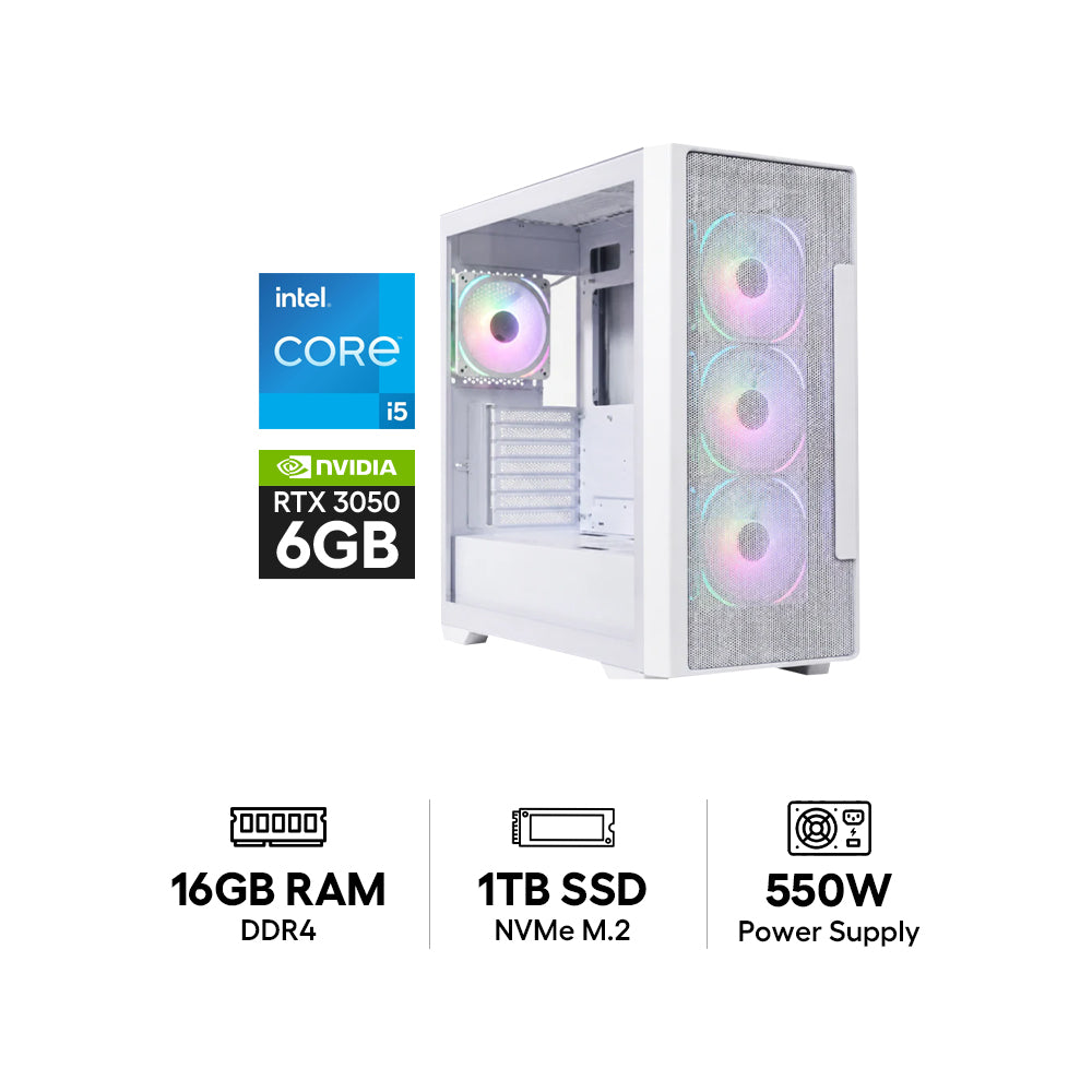 GPro Gaming PC - Intel Core i5-14400F / H610M Motherboard / 16GB DDR4 RAM / 1TB (NVMe M.2 SSD) / NVIDIA GeForce RTX 3050 6GB Graphic Card / Win 11 Pro / 550W Power Supply
