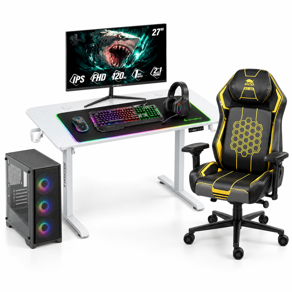 Customize PC - i7 / 32GB / 512GB (M.2 SSD) / GeForce RTX 5060 8GB + Twisted Minds Paradox Adjustable Gaming Desk + Black Bull Super Pro Gaming Chair + SHARX Jaws 4-in-1 Gaming Bundle + SHARX B27F120I BITE - 27" FHD Gaming Monitor - Bundle Offer