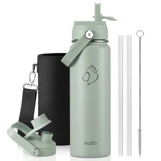 Buzio Duet Series Water Bottle with 2 Lids and Sleeve 700ML - Green