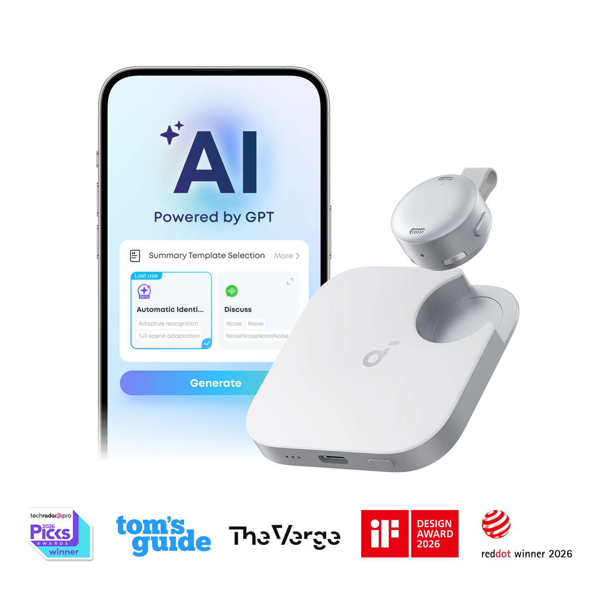 Anker Soundcore Work Coin-sized Wearable AI Note Taker Voice Recorder - White