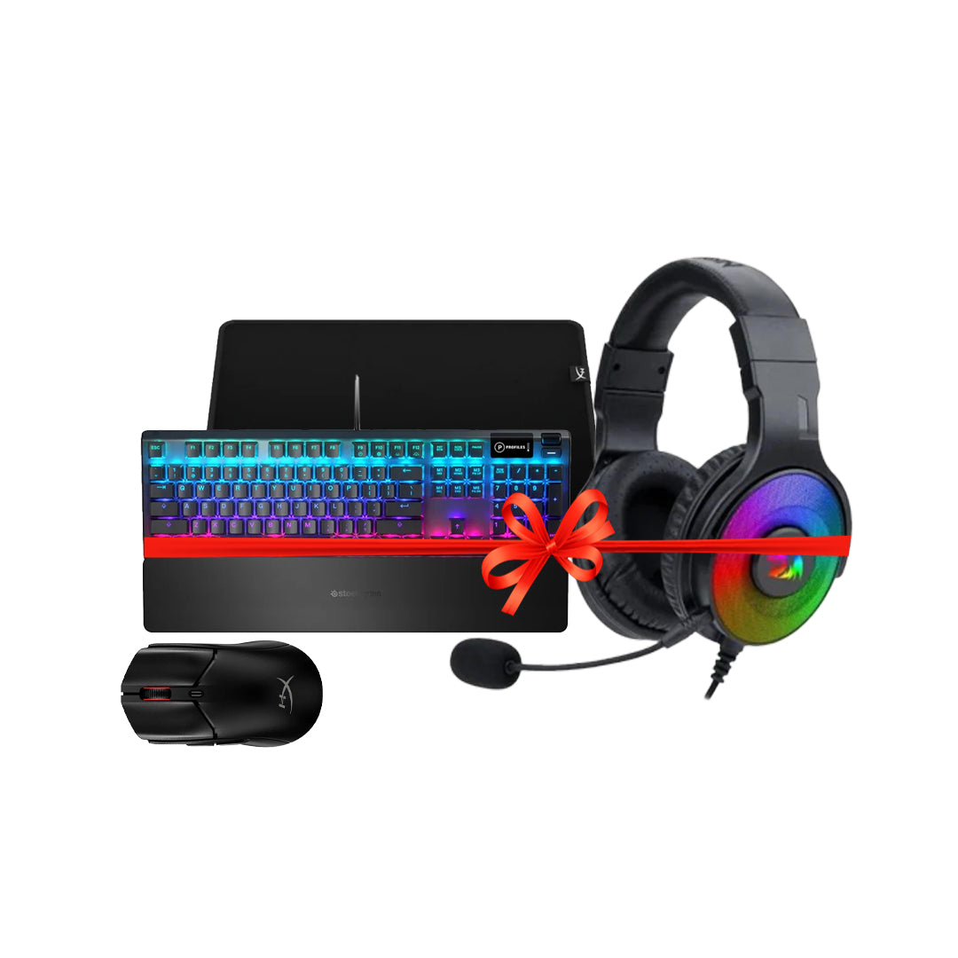 سماعة رأس ألعاب ريدراجون H350 باندورا RGB سلكية سوداء + وسادة ماوس ألعاب هايبر إكس بالس فاير مات بحجم متوسط + ماوس ألعاب هايبر إكس بالس فاير هيست 2 ميني لاسلكي + لوحة مفاتيح ألعاب ستيل سيريز أبيكس 5 ميكانيكية هجينة، باللون الأسود، عرض باقة