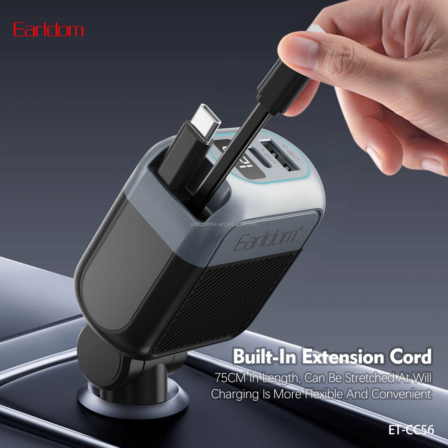 Earldom 2-in-1 Retractable Car Charger With Cable - 65W / USB-C / USB-A / Black