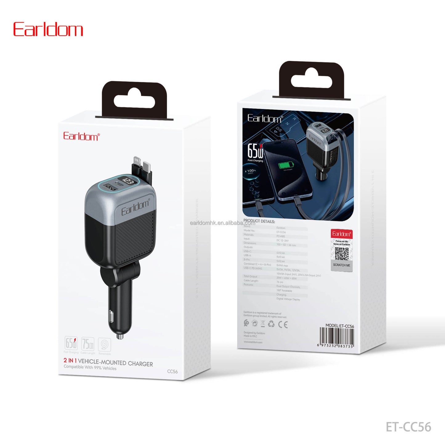 Earldom 2-in-1 Retractable Car Charger With Cable - 65W / USB-C / USB-A / Black