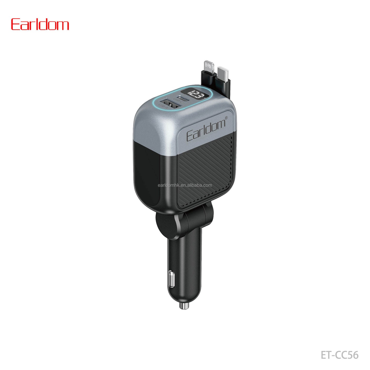 Earldom 2-in-1 Retractable Car Charger With Cable - 65W / USB-C / USB-A / Black