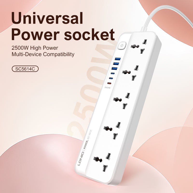 LDNIO 5 AC Outlets Universal Power Strip - USB-A / USB-C / 2 Meter / White