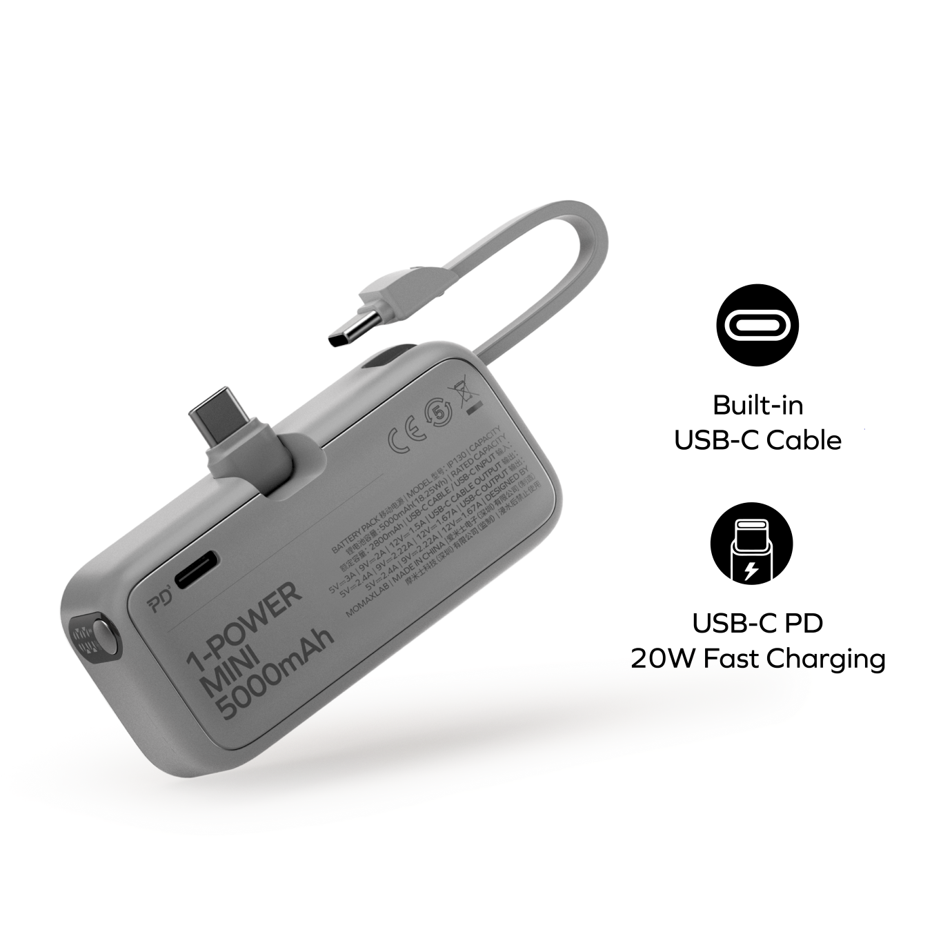 MOMAX 3-in-1 Mini Power Bank - 5000mAh / 20W / USB-C / Azure Blue