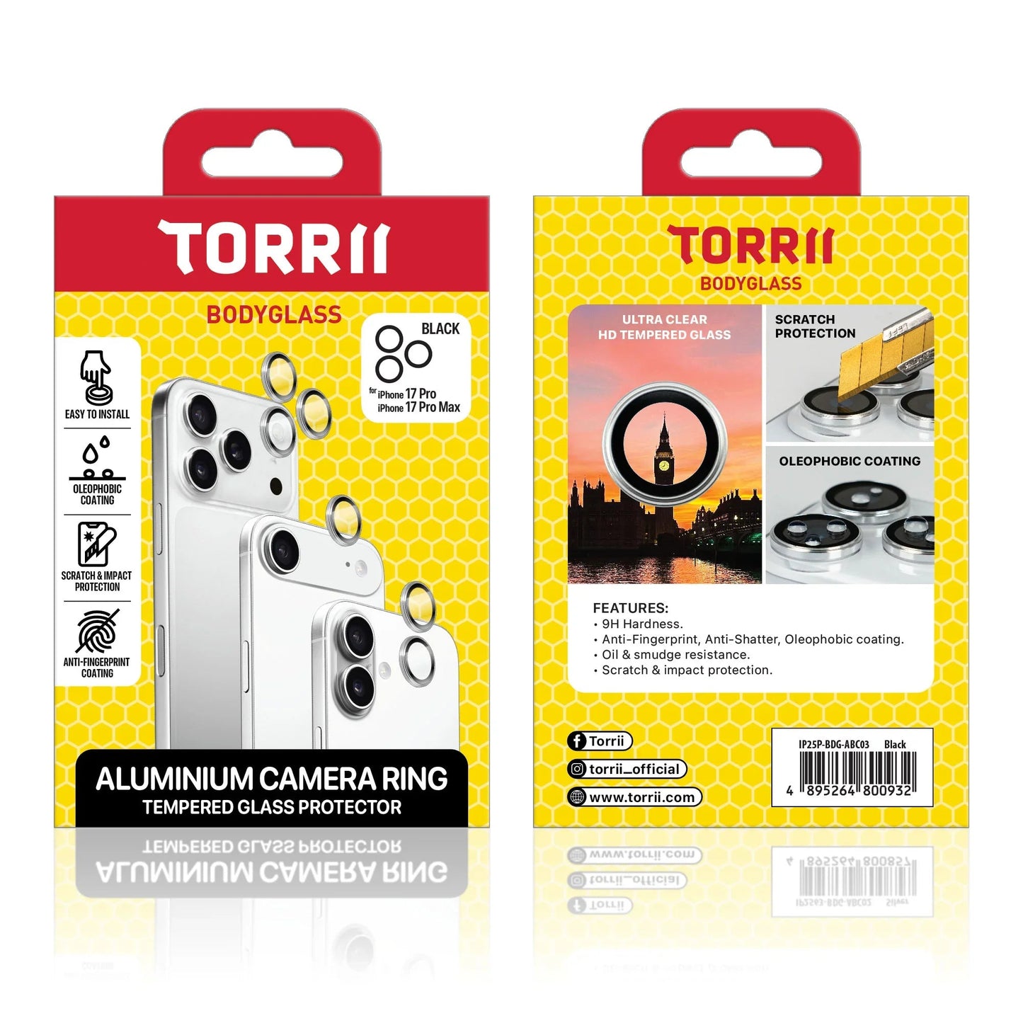 Torrii BODYGLASS Aluminium Camera Ring for Apple iPhone 17 Pro / iPhone 17 Pro Max - Black