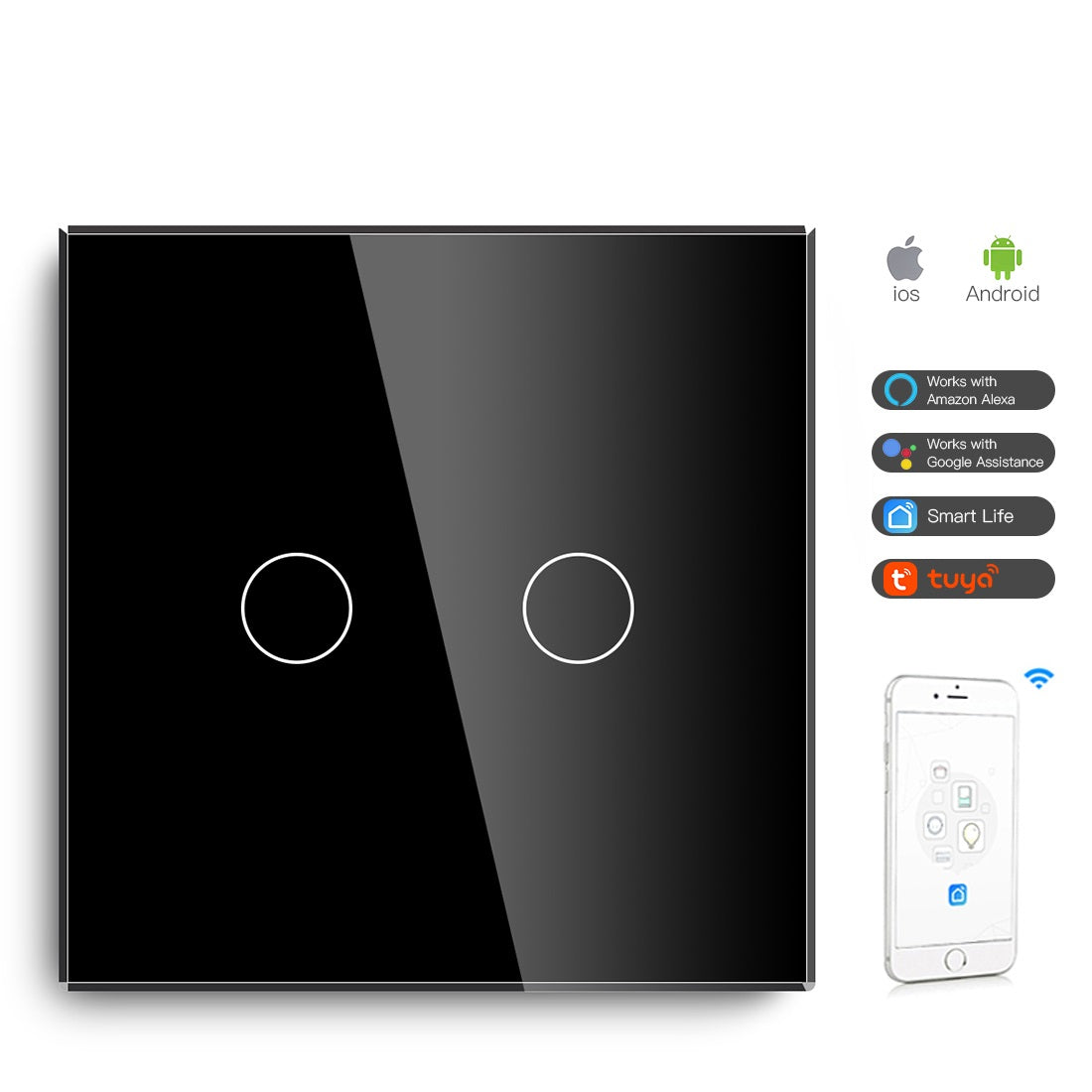Gopeta 2-Gang Smart Wi-Fi Touch Switch with Glass Panel - Black