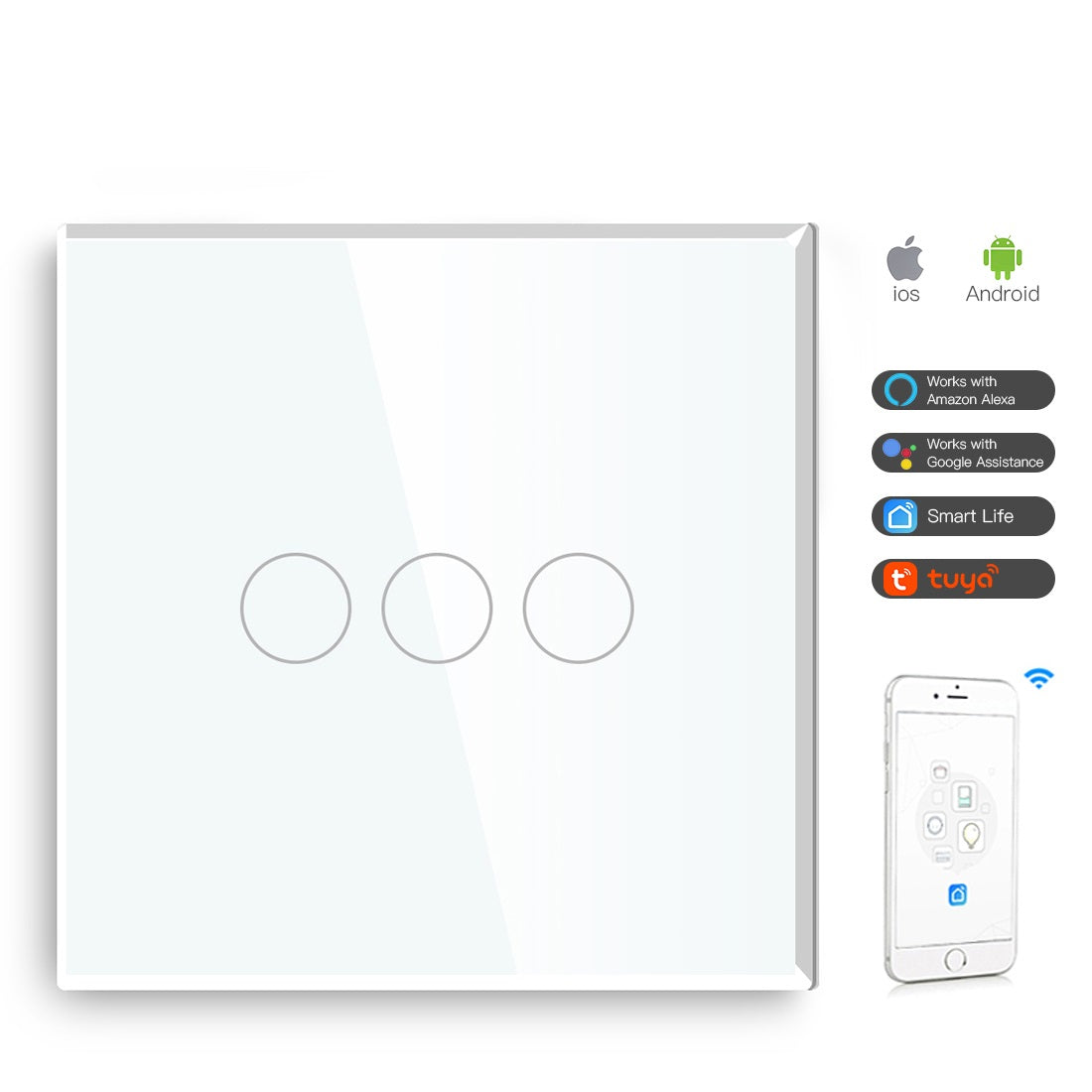Gopeta 3-Gang Smart Wi-Fi Touch Switch with Glass Panel - White