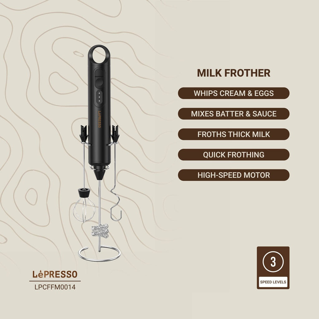 LePresso Forthmate Milk Frother With Interchangeable Whisks - Black Color