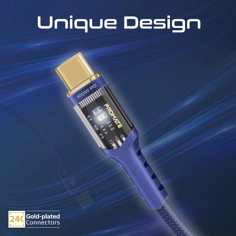PROMATE LucidLine-CC120 High Tensile Power Delivery Charge Cable - 1.2 Meter / 480Mbps / USB-C / Navy
