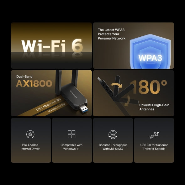 محول واي فاي USB ميركوسيس MA72XH، AX1800، ثنائي النطاق، كسب عالي