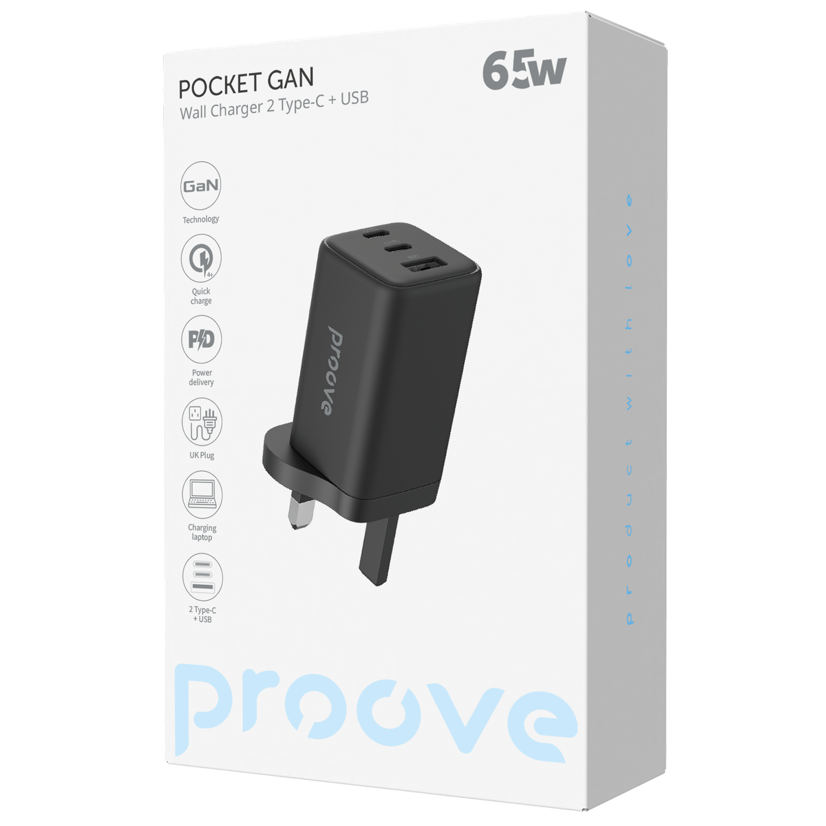 Proove Wall Charger Proove Pocket GaN 65W (2*Type-C + USB) UK - Black