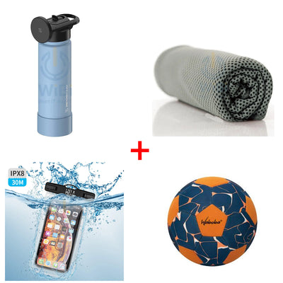 Bundle Offer - Scosche MagicMount Flask 650 ml Stainless Steel Insulated Water Bottle - Blue + Ice Towel (Sleeve Packaging) - Gray +  Seawag Mela Universal SmartPhone WaterProof Case - Black + Waboba Classic Soccer ball - Sport line