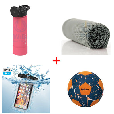 Bundle Offer - Scosche MagicMount Flask 650 ml Stainless Steel Insulated Water Bottle - Pink + Ice Towel (Sleeve Packaging) - Gray +  Seawag Mela Universal SmartPhone WaterProof Case - Black + Waboba Classic Soccer ball - Sport line