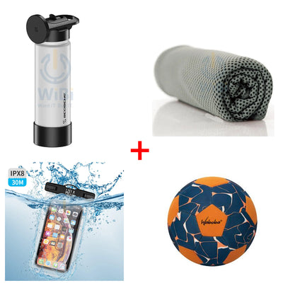 Bundle Offer - Scosche MagicMount Flask 650 ml Stainless Steel Insulated Water Bottle - White + Ice Towel (Sleeve Packaging) - Gray +  Seawag Mela Universal SmartPhone WaterProof Case - Black + Waboba Classic Soccer ball - Sport line