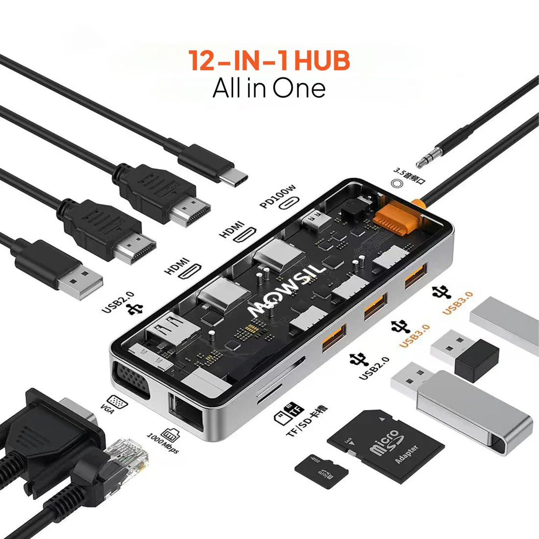Mowsil 12-in-1 USB-C Hub - HDMI / VGA / RJ45 / USB / Type-C / SD / TF / Audio / Silver