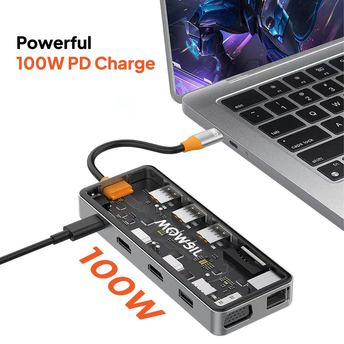 Mowsil 12-in-1 USB-C Hub - HDMI / VGA / RJ45 / USB / Type-C / SD / TF / Audio / Silver