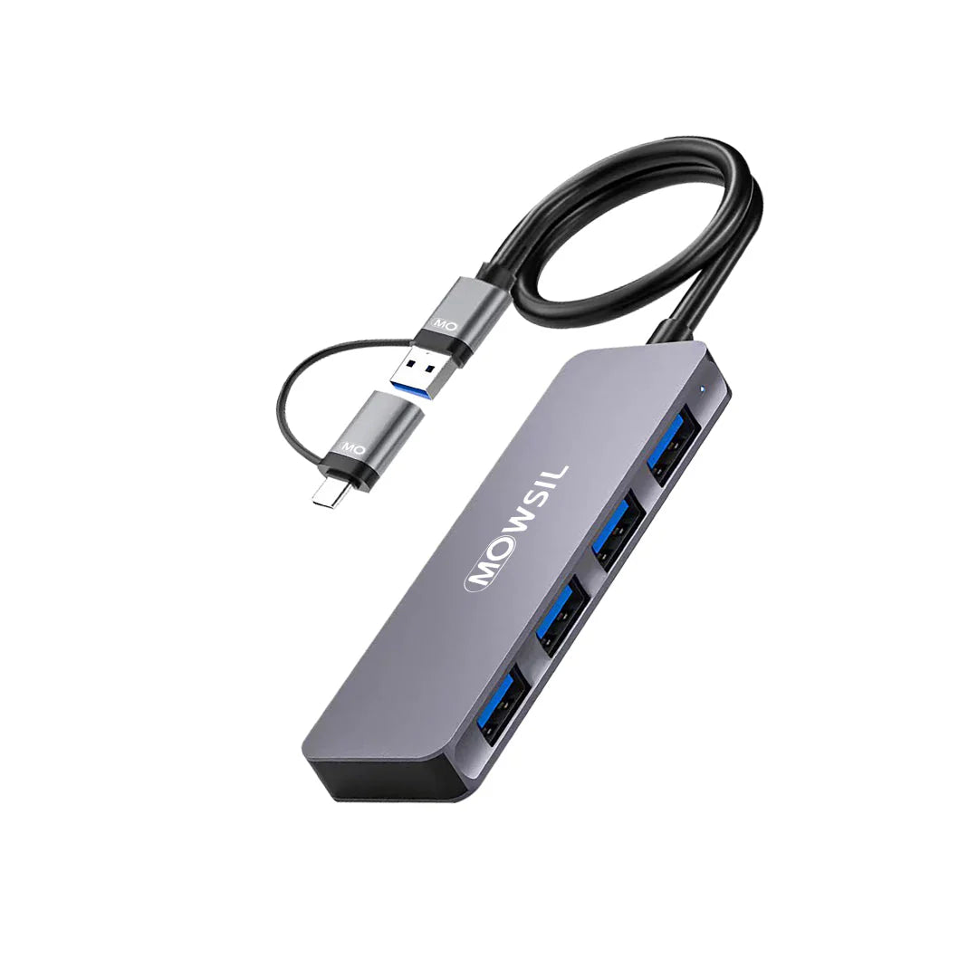 Mowsil 4-Port USB 3.0 Hub - 5Gbps / USB-C / USB-A / Silver