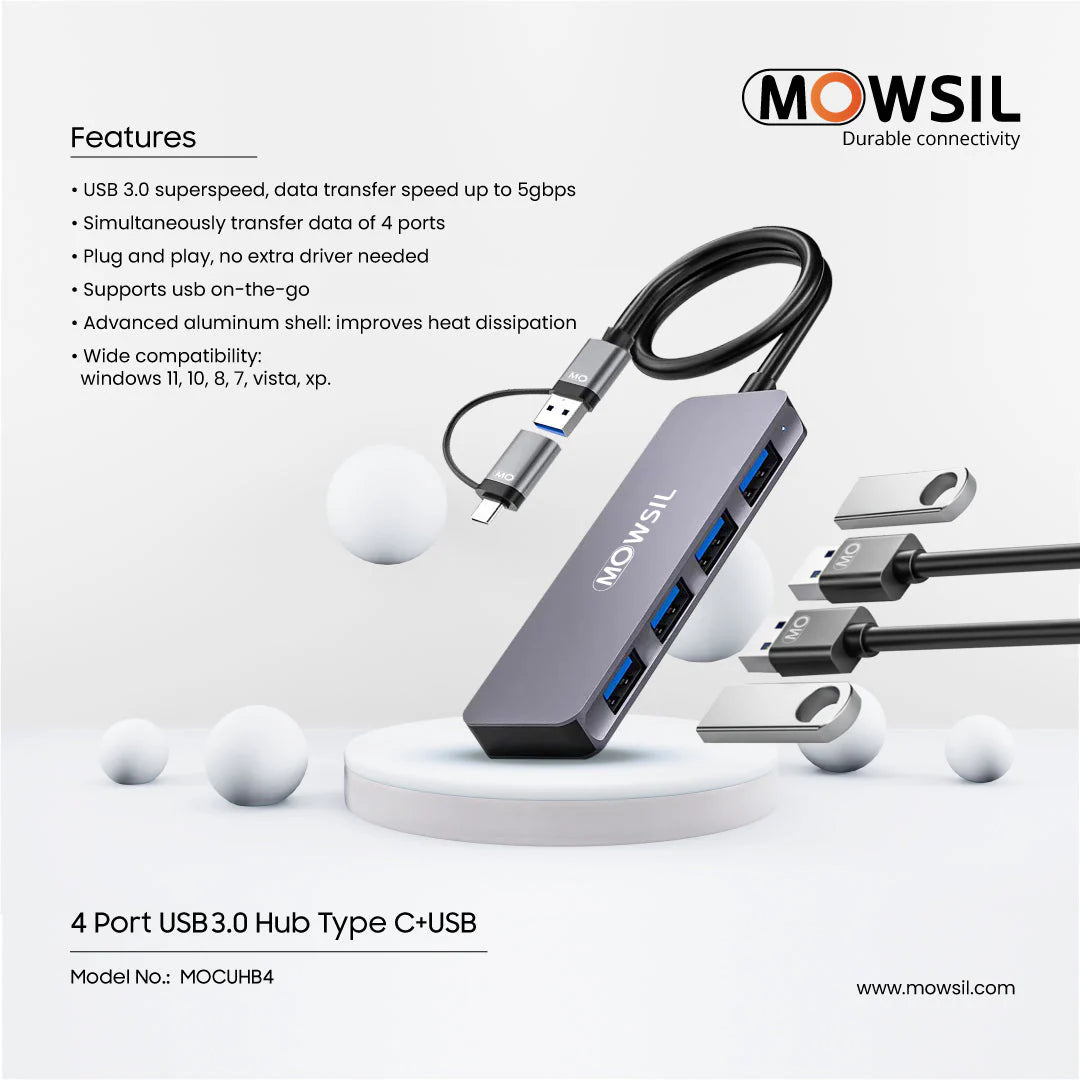 Mowsil 4-Port USB 3.0 Hub - 5Gbps / USB-C / USB-A / Silver