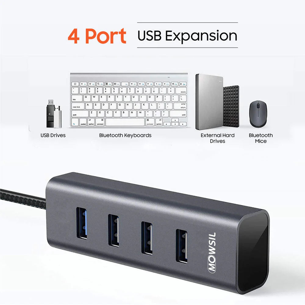 Mowsil 4-Port USB 3.0 Hub - 5Gbps / USB-C / USB-A / Silver