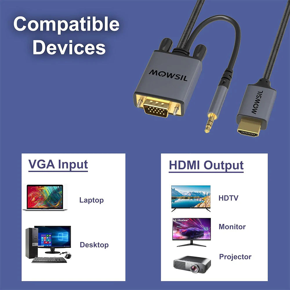 Mowsil VGA to HDMI Cable with Audio - 2 Meter