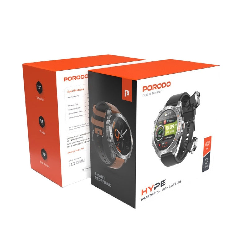 Porodo Hype Smartwatch With Earbuds - 400mAh / Silver Smart Watches