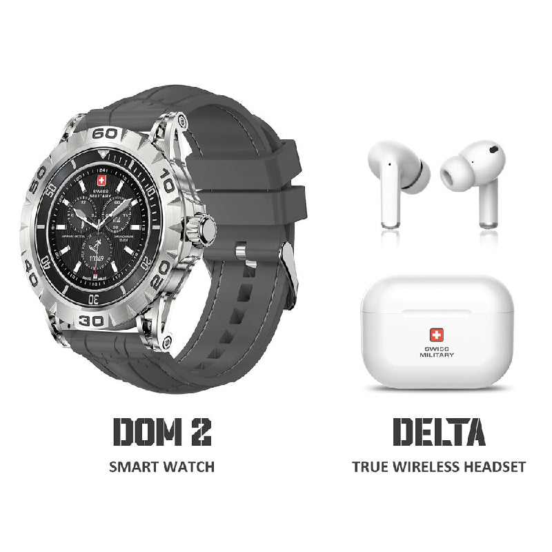 Swiss Military Dom 2 Smart Watch - Silver Frame Gray Silicon Strap with Swiss Military Delta Earbud - White Smart