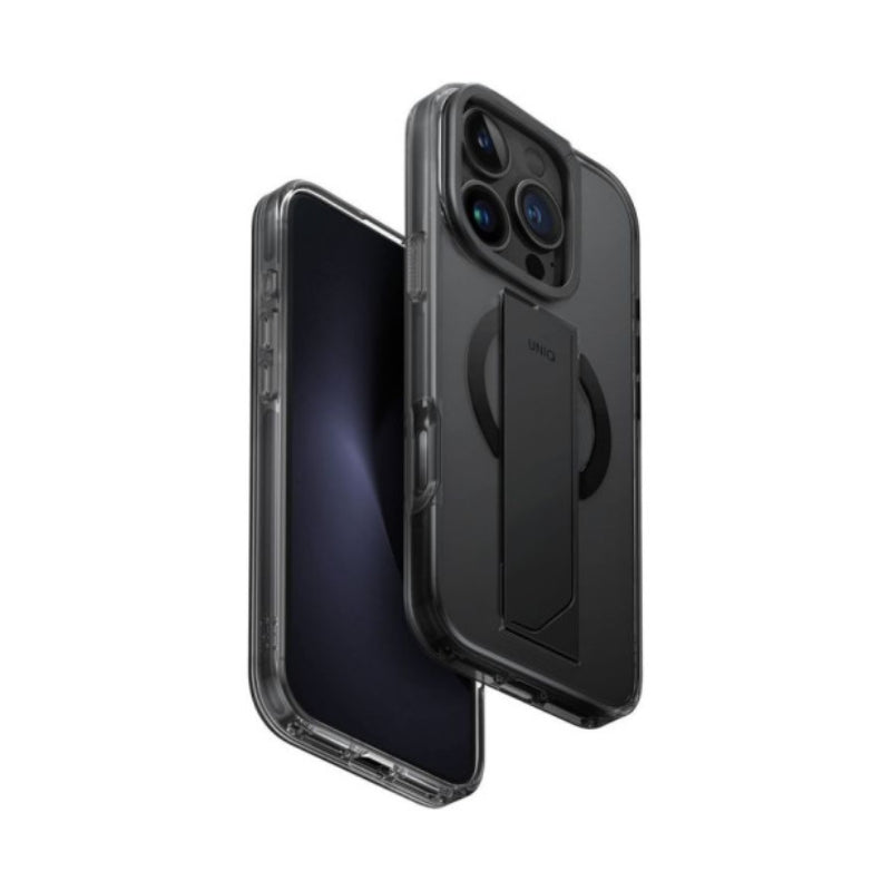 Uniq Hybrid Heldro Max Magclick With Camera Stand For Apple iPhone 16 Pro Vapour (Smoke) Accessories > Mobiles &