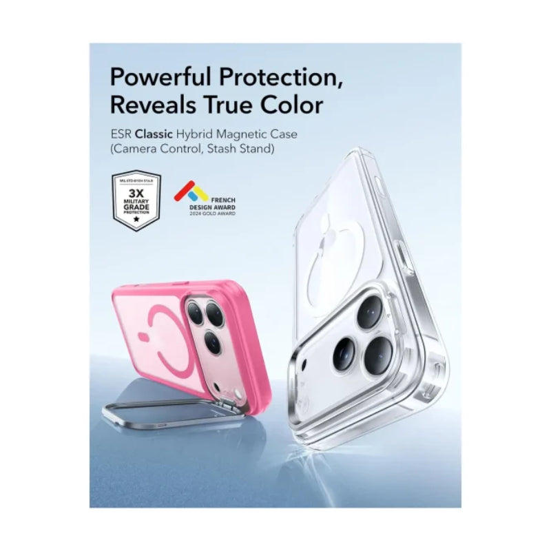 ESR HaloLock Classic Hybrid Case with Stash Stand (Camera Control Button) Case For Apple iPhone 17 Pro - Frosted Pink