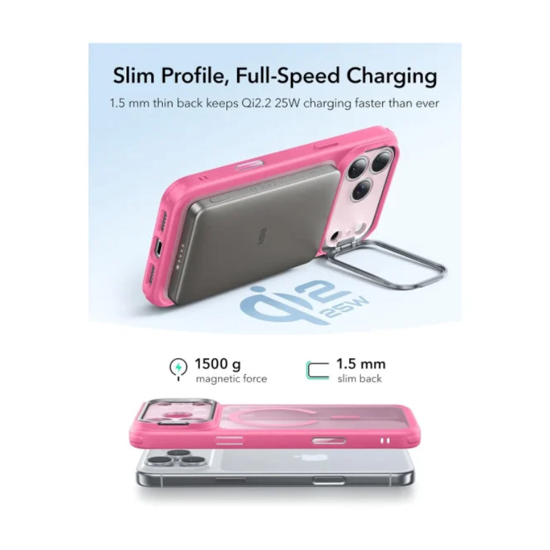 ESR HaloLock Classic Hybrid Case with Stash Stand (Camera Control Button) Case For Apple iPhone 17 Pro - Frosted Pink