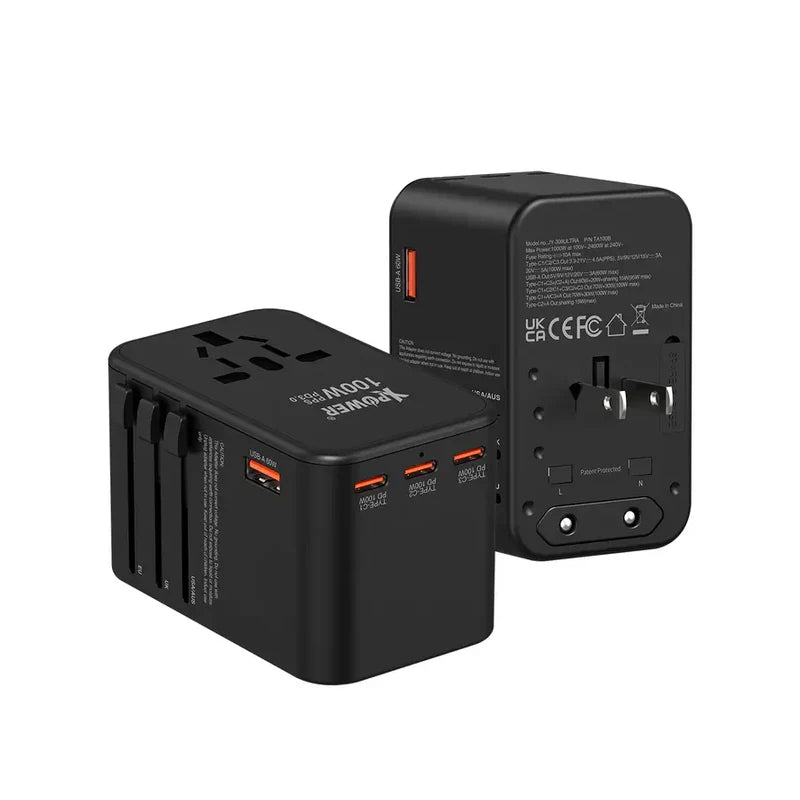 محول سفر باور إكس باور GaN بخمسة مخارج، قدرة 100 واط، USB-A، USB-C، باللون الأسود