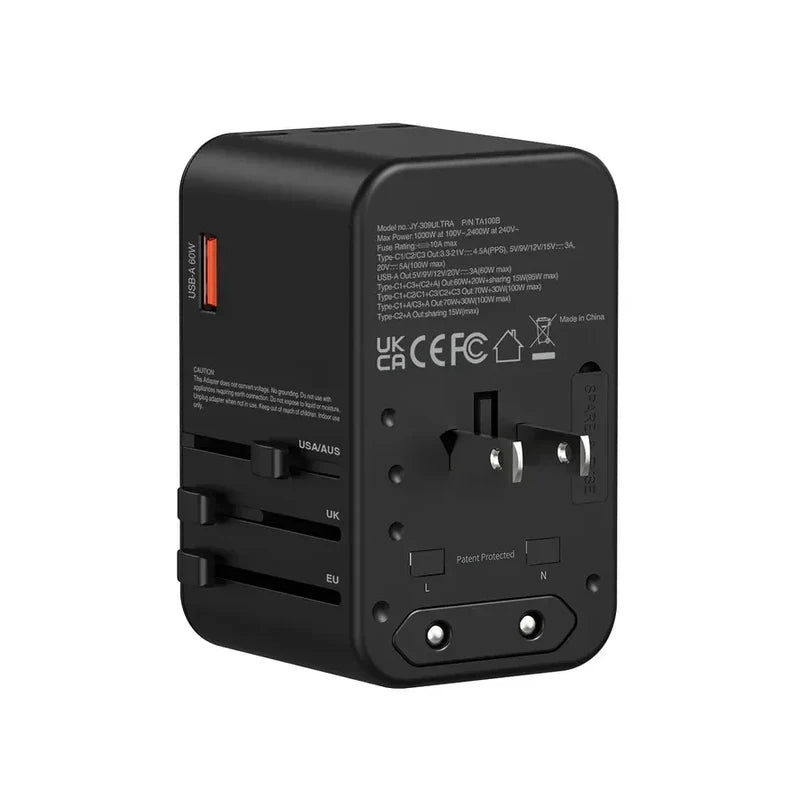 محول سفر باور إكس باور GaN بخمسة مخارج، قدرة 100 واط، USB-A، USB-C، باللون الأسود