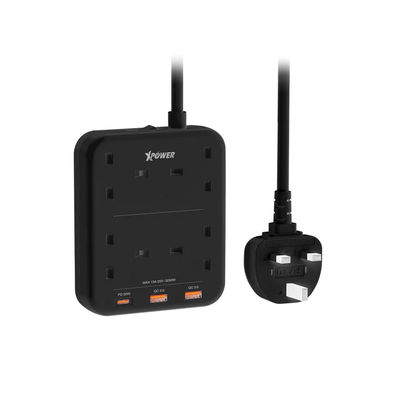 XPower 7 Output Power Strip - 4 Way / 3250W / 3 Meters / USB / USB-C / Black
