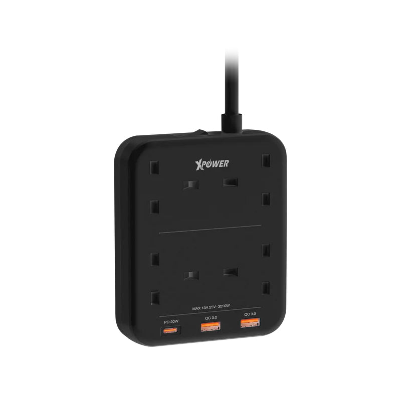 XPower 7 Output Power Strip - 4 Way / 3250W / 3 Meters / USB / USB-C / Black