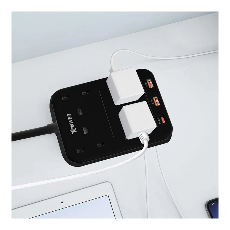 XPower 7 Output Power Strip - 4 Way / 3250W / 3 Meters / USB / USB-C / Black