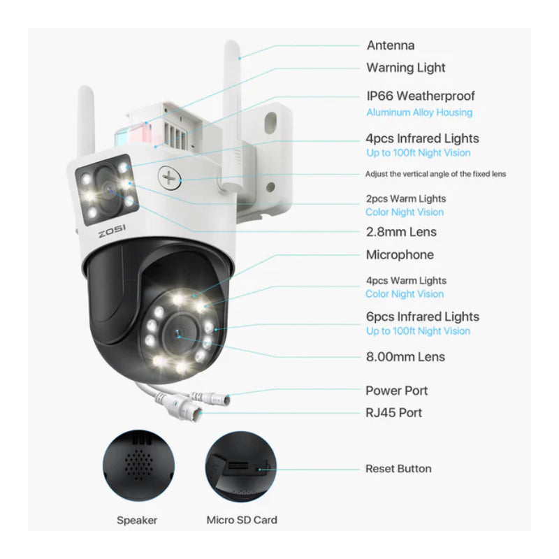 ZOSI C298 Dual Security Camera - 2MP+2MP / Full-Color Night Vision / Two-Way Audio