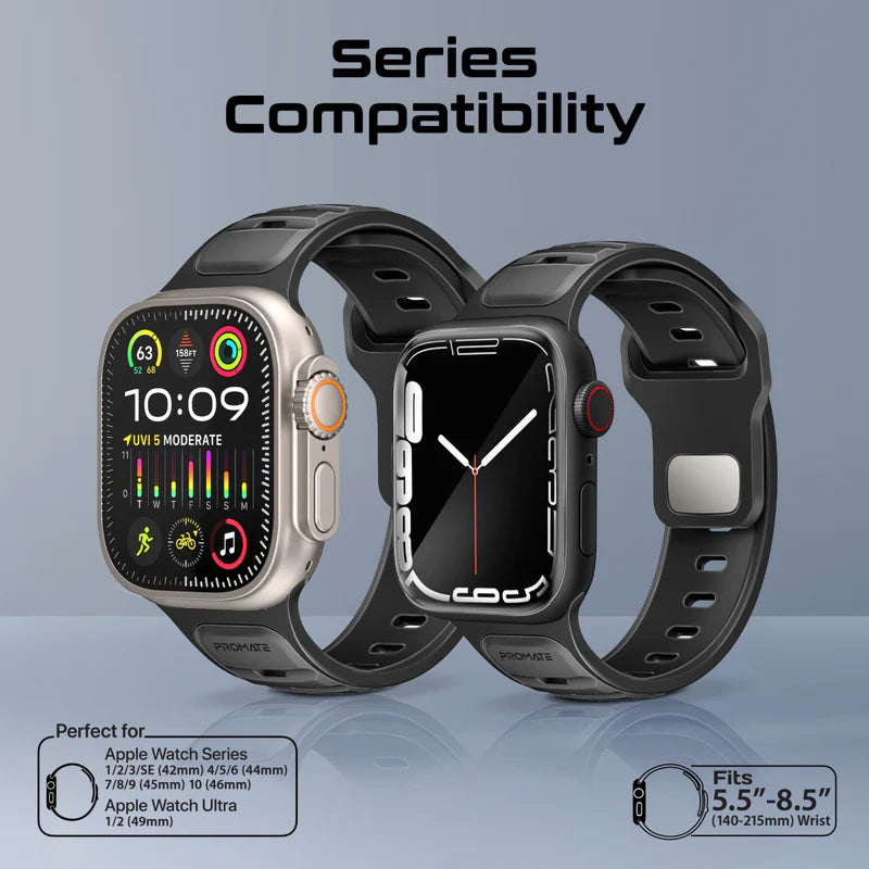 PROMATE SiliBand-DC Durable Two-Toned Silicone Sporty Watch Band - 42/44/45/49mm / Black