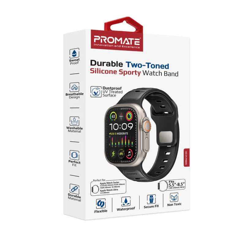 PROMATE SiliBand-DC Durable Two-Toned Silicone Sporty Watch Band - 42/44/45/49mm / Black