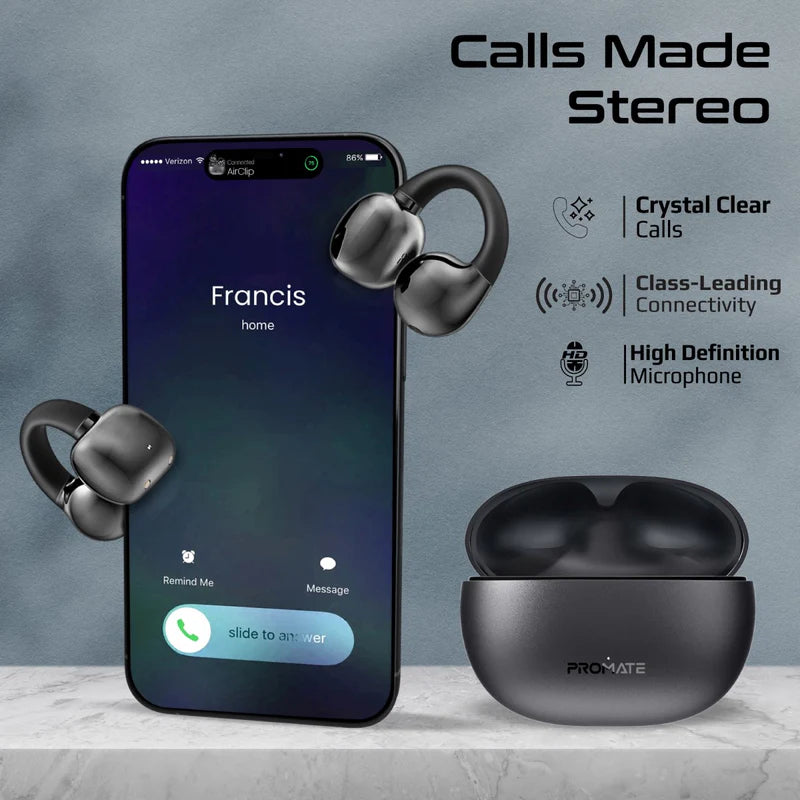 PROMATE AirClip Open Ear Clip TWS Earbuds - Bluetooth / 500mAh / Black