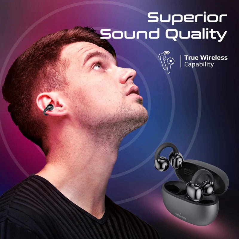 PROMATE AirClip Open Ear Clip TWS Earbuds - Bluetooth / 500mAh / Black