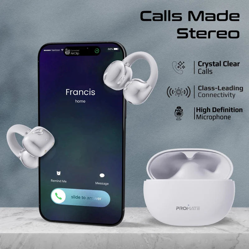 PROMATE AirClip Open Ear Clip TWS Earbuds - Bluetooth / 500mAh / White