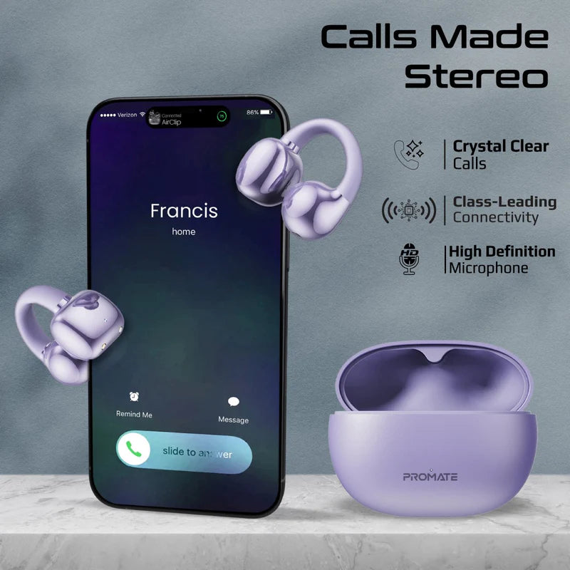PROMATE AirClip Open Ear Clip TWS Earbuds - Bluetooth / 500mAh / Purple