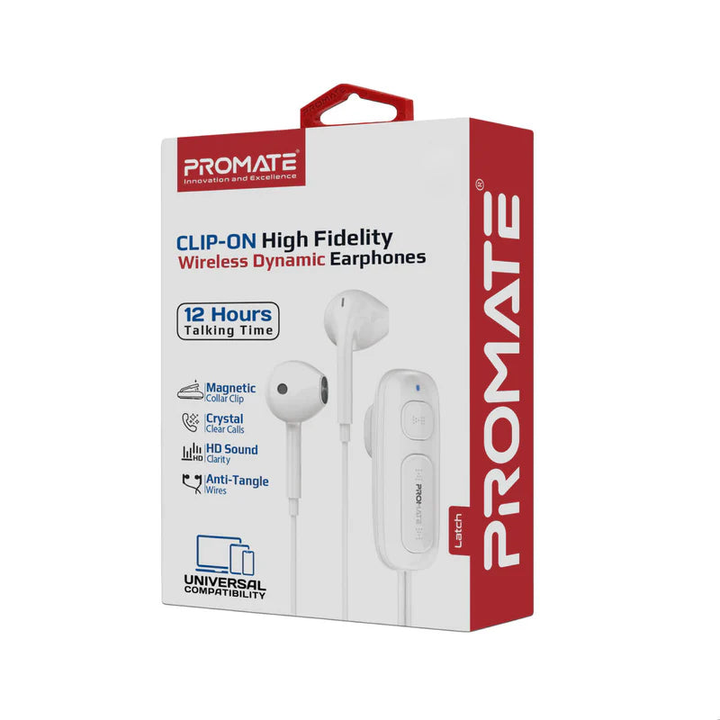 PROMATE Latch Clip-On High Fidelity Wireless Dynamic Neckband - Bluetooth / 90mAh / White