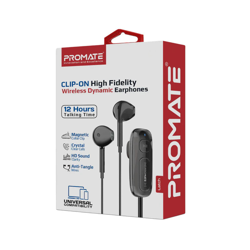 PROMATE Latch Clip-On High Fidelity Wireless Dynamic Neckband - Bluetooth / 90mAh / Black